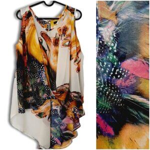 BEDO Silky Colorful Sleeveless Asymmetrical Tunic Blouse Top Hi-Low Hem Sz M/L